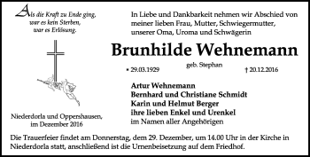 Traueranzeige von Brunhilde Wehnemann von Thüringer Allgemeine, Thüringische Landeszeitung