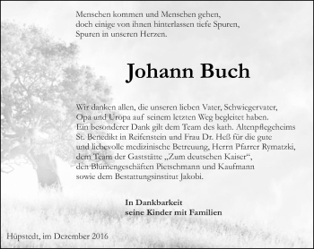 Traueranzeige von Johann Buch von Thüringer Allgemeine, Thüringische Landeszeitung