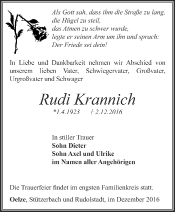 Traueranzeige von Rudi Krannich von Ostthüringer Zeitung