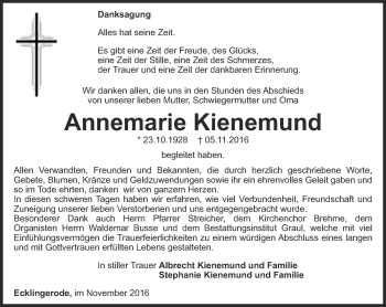 Traueranzeige von Annemarie Kienemund von Thüringer Allgemeine