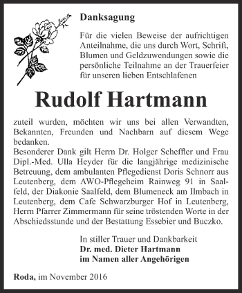 Traueranzeige von Rudolf Hartmann von Ostthüringer Zeitung