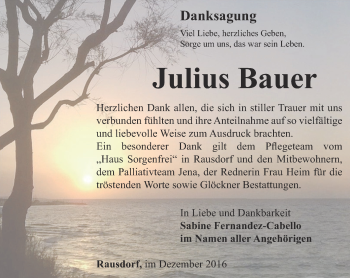 Traueranzeige von Julius Bauer von Ostthüringer Zeitung, Thüringische Landeszeitung