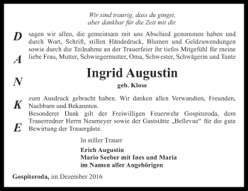 Traueranzeige von Ingrid Augustin von Ostthüringer Zeitung, Thüringische Landeszeitung