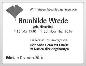 Traueranzeige von Brunhilde Wrede von Thüringer Allgemeine, Thüringische Landeszeitung