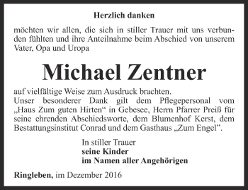 Traueranzeige von Michael Zentner von Thüringer Allgemeine, Thüringische Landeszeitung