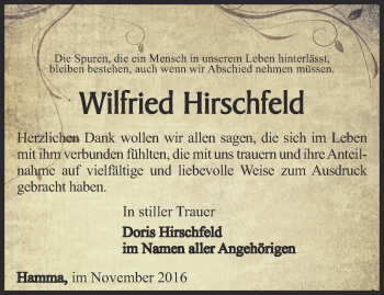 Traueranzeige von Wilfried Hirschfeld von Thüringer Allgemeine