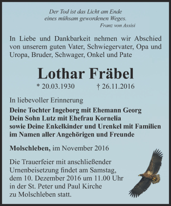 Traueranzeige von Lothar Fräbel von Ostthüringer Zeitung, Thüringische Landeszeitung