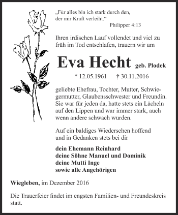 Traueranzeige von Eva Hecht von Thüringer Allgemeine, Thüringische Landeszeitung