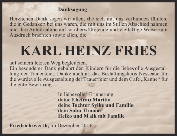 Traueranzeige von Karl Heinz Fries von Ostthüringer Zeitung, Thüringische Landeszeitung