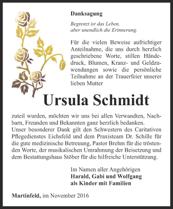 Traueranzeige von Ursula Schmidt von Thüringer Allgemeine