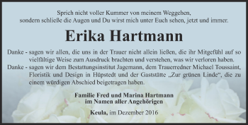 Traueranzeige von Erika Hartmann von Thüringer Allgemeine, Thüringische Landeszeitung