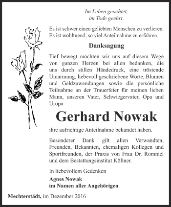 Traueranzeige von Gerhard Nowak von Ostthüringer Zeitung, Thüringische Landeszeitung