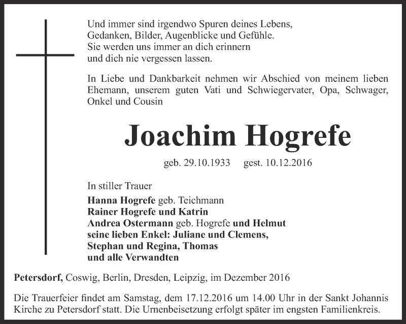  Traueranzeige für Joachim Hogrefe vom 14.12.2016 aus Thüringer Allgemeine