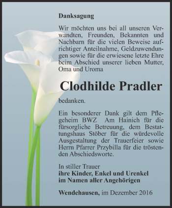 Traueranzeige von Clodhilde Pradler von Thüringer Allgemeine, Thüringische Landeszeitung