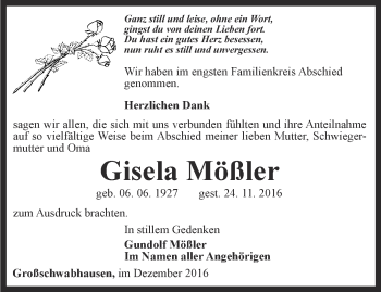 Traueranzeige von Gisela Mößler von Thüringer Allgemeine, Thüringische Landeszeitung