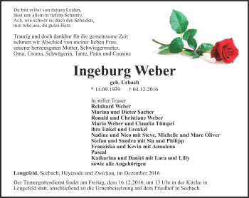Traueranzeige von Ingeburg Weber von Thüringer Allgemeine, Thüringische Landeszeitung