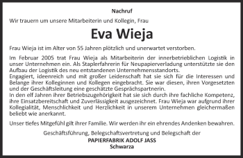 Traueranzeige von Eva Wieja von Ostthüringer Zeitung