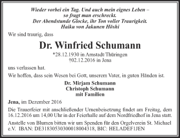 Traueranzeige von Winfried Schumann von Ostthüringer Zeitung, Thüringische Landeszeitung