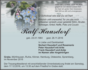 Traueranzeige von Ralf Hausdorf von Thüringer Allgemeine, Thüringische Landeszeitung