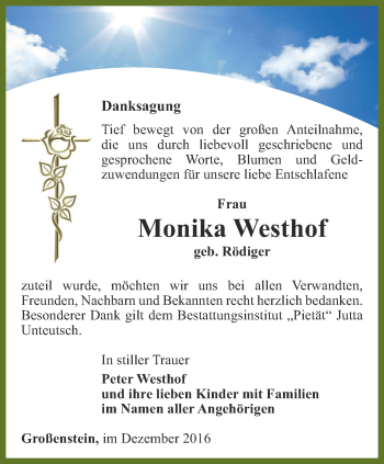 Traueranzeige von Monika Westhof von Ostthüringer Zeitung