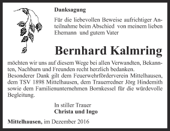 Traueranzeige von Bernhard Kalmring von Thüringer Allgemeine, Thüringische Landeszeitung