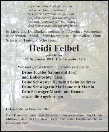 Traueranzeige von Heidi Felbel von Ostthüringer Zeitung, Thüringische Landeszeitung
