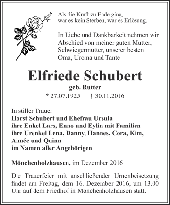 Traueranzeige von Elfriede Schubert von Thüringer Allgemeine, Thüringische Landeszeitung