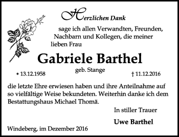 Traueranzeige von Gabriele Barthel von Thüringer Allgemeine, Thüringische Landeszeitung