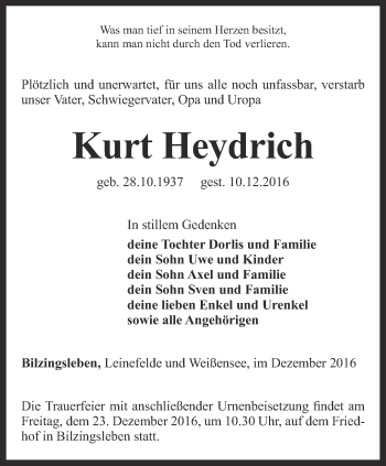 Traueranzeige von Kurt Heydrich von Thüringer Allgemeine
