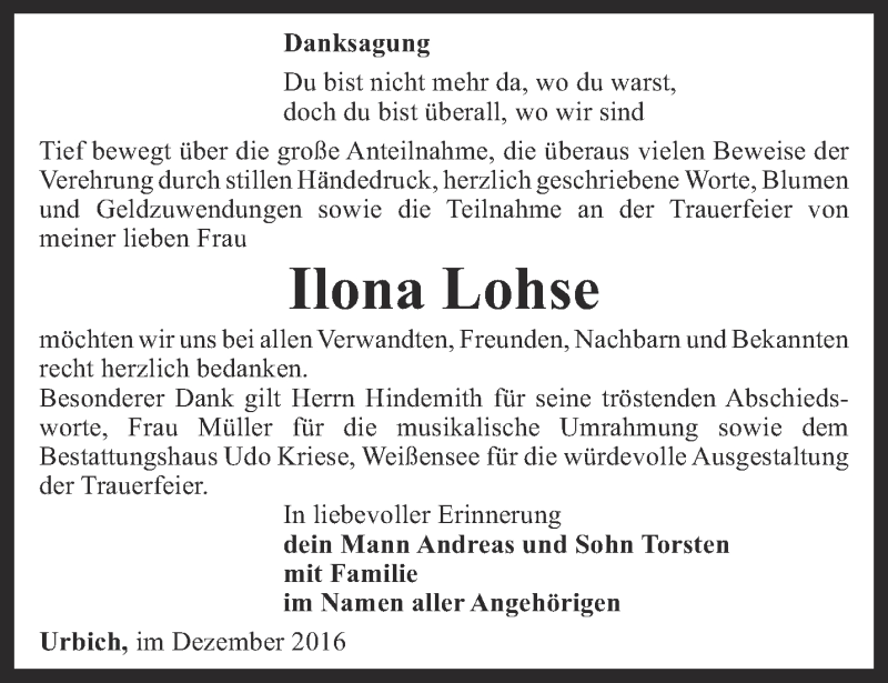  Traueranzeige für Ilona Lohse vom 23.12.2016 aus Thüringer Allgemeine, Thüringische Landeszeitung