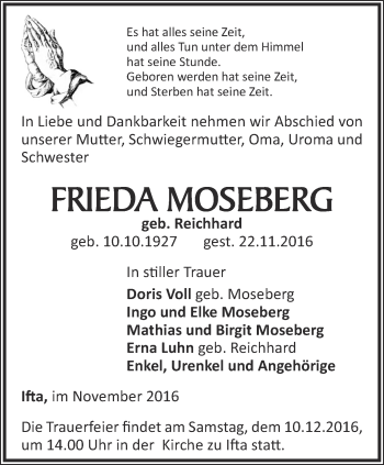 Traueranzeige von Frieda Moseberg von Thüringer Allgemeine, Thüringische Landeszeitung