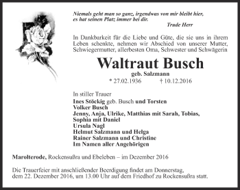 Traueranzeige von Waltraut Busch von Thüringer Allgemeine, Thüringische Landeszeitung