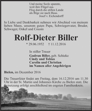 Traueranzeige von Rolf-Dieter Biller von Thüringer Allgemeine