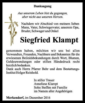 Traueranzeige von Siegfried Klampt von Ostthüringer Zeitung