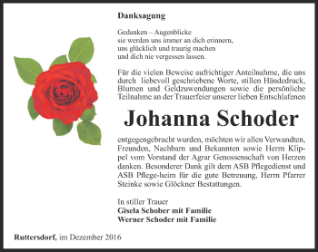 Traueranzeige von Johanna Schoder von Ostthüringer Zeitung