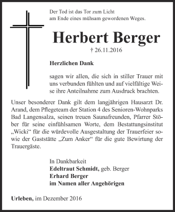 Traueranzeige von Herbert Berger von Thüringer Allgemeine, Thüringische Landeszeitung