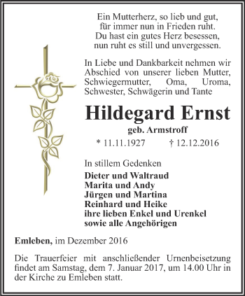 Traueranzeige von Hildegard Ernst von Ostthüringer Zeitung, Thüringische Landeszeitung