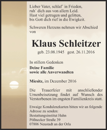 Traueranzeige von Klaus Schleitzer von Ostthüringer Zeitung