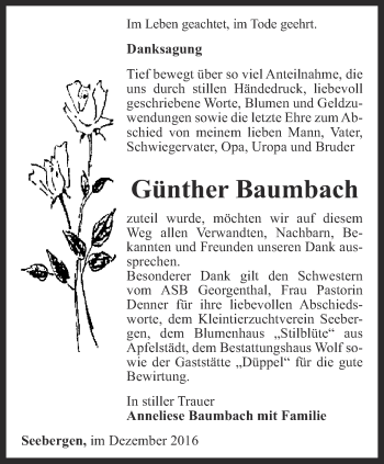 Traueranzeige von Günther Baumbach von Ostthüringer Zeitung, Thüringische Landeszeitung