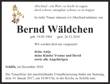 Traueranzeige von Bernd Wäldchen von Thüringer Allgemeine