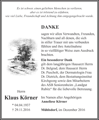 Traueranzeige von Klaus Körner von Ostthüringer Zeitung