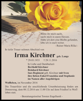 Traueranzeige von Irma Kirchner von Thüringer Allgemeine