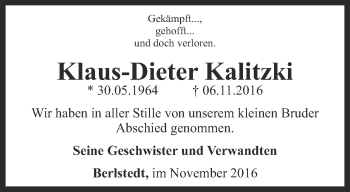 Traueranzeige von Klaus-Dieter Kalitzki von Thüringer Allgemeine, Thüringische Landeszeitung