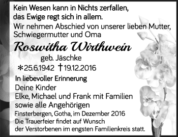 Traueranzeige von Roswitha Wirthwein von Ostthüringer Zeitung, Thüringische Landeszeitung