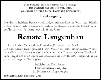 Traueranzeige von Renate Langenhan von Thüringer Allgemeine