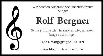 Traueranzeige von Rolf Bergner von Thüringer Allgemeine, Thüringische Landeszeitung