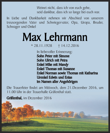 Traueranzeige von Max Lehrmann von Ostthüringer Zeitung