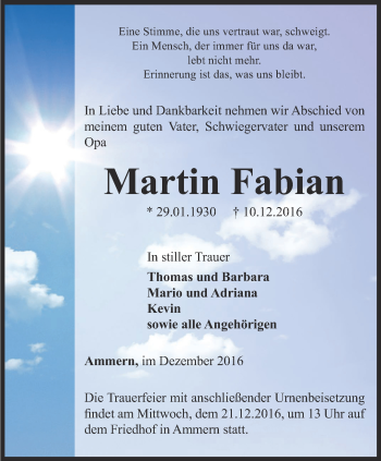 Traueranzeige von Martin Fabian von Thüringer Allgemeine, Thüringische Landeszeitung