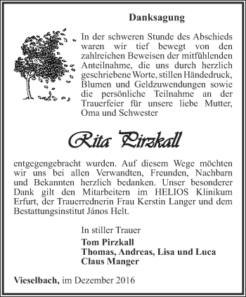 Traueranzeige von Rita Pirzkall von Thüringer Allgemeine, Thüringische Landeszeitung