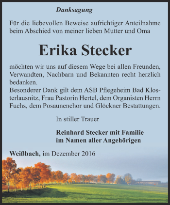 Traueranzeige von Erika Stecker von Ostthüringer Zeitung